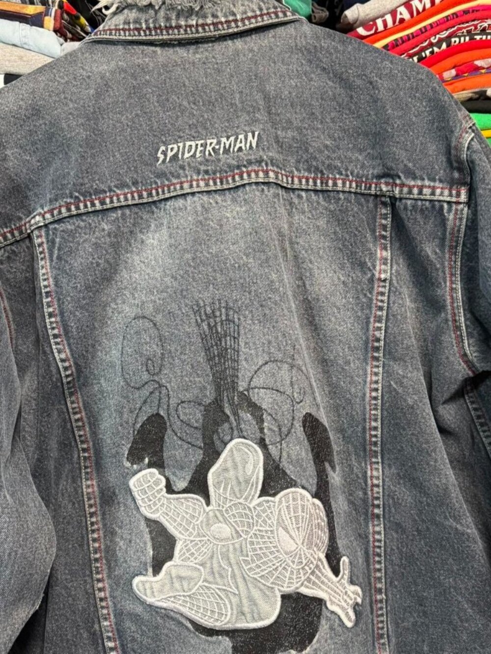 2003 vintage Spider-Man embroidered denim jacket faded dark blue
